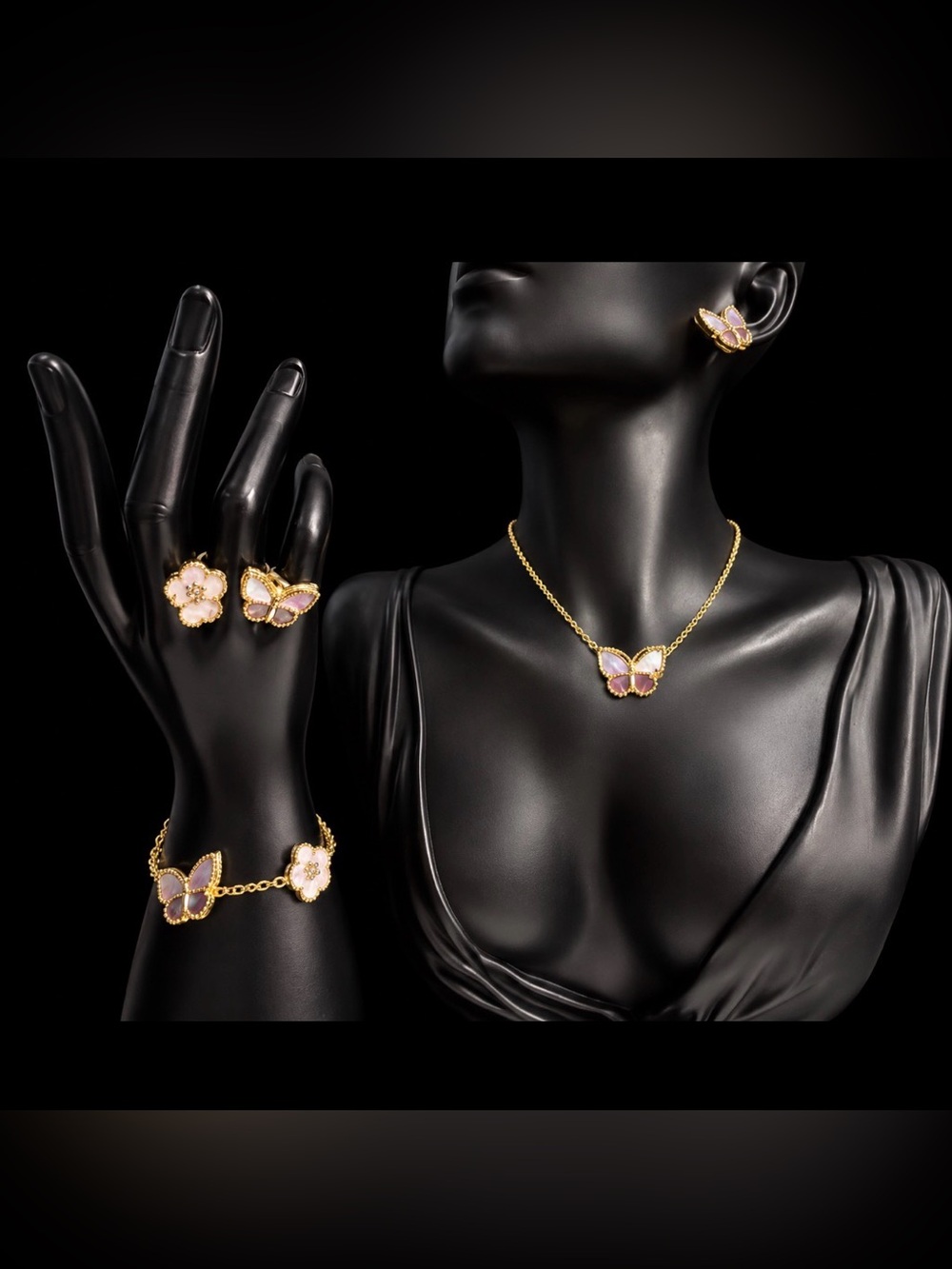 Gold Butterfly Jewelry Set with Purple Enamel Accents